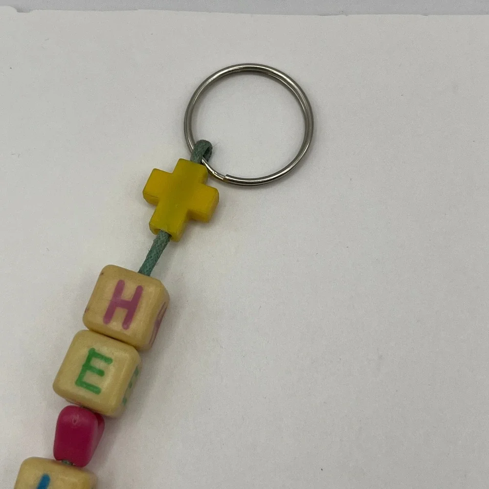 Vintage‎ He Lives Christian Keychain Religious Faith Beaded Charm Cross Pendant